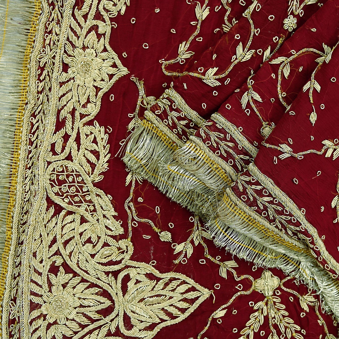 Indian Vintage Heavy Bridal Dupatta Maroon Pure Chiffon Silk Long Stole Hand Embroidered Hijab Scarf Zardozi/Dabka Zari Wedding Dupatta