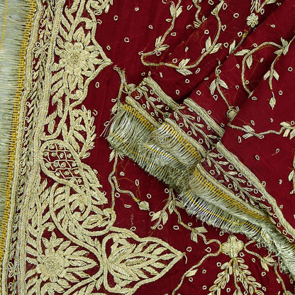 Indian Vintage Heavy Bridal Dupatta Maroon Pure Chiffon Silk Long Stole Hand Embroidered Hijab Scarf Zardozi/Dabka Zari Wedding Dupatta