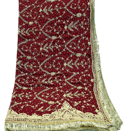 Indian Vintage Heavy Bridal Dupatta Maroon Pure Chiffon Silk Long Stole Hand Embroidered Hijab Scarf Zardozi/Dabka Zari Wedding Dupatta
