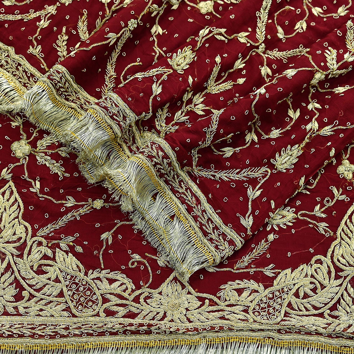 Indian Vintage Heavy Bridal Dupatta Maroon Pure Chiffon Silk Long Stole Hand Embroidered Hijab Scarf Zardozi/Dabka Zari Wedding Dupatta