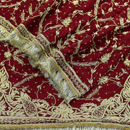 Indian Vintage Heavy Bridal Dupatta Maroon Pure Chiffon Silk Long Stole Hand Embroidered Hijab Scarf Zardozi/Dabka Zari Wedding Dupatta