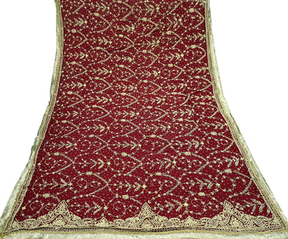 Indian Vintage Heavy Bridal Dupatta Maroon Pure Chiffon Silk Long Stole Hand Embroidered Hijab Scarf Zardozi/Dabka Zari Wedding Dupatta