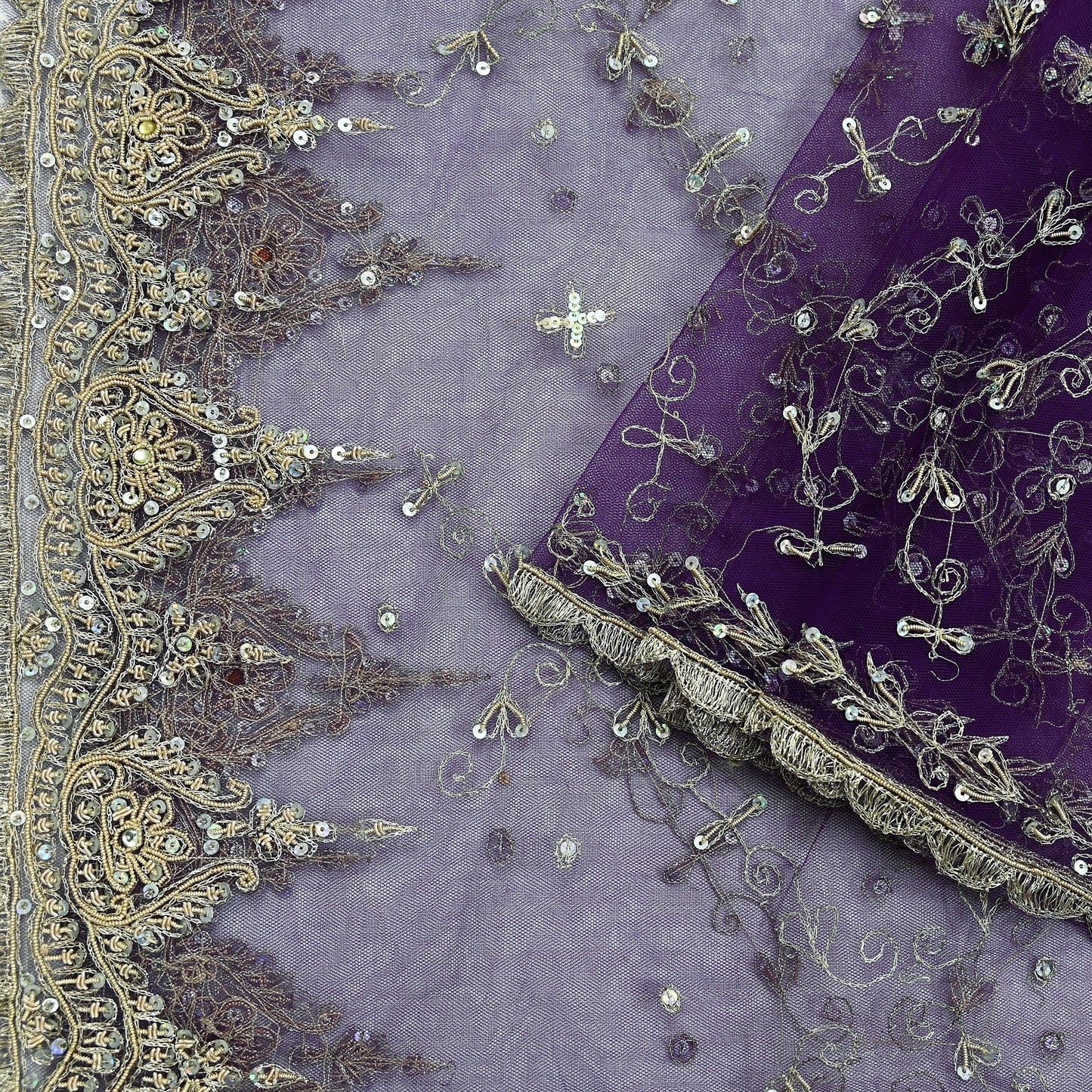 Indian Vintage Purple Dupatta Net Mesh Long Stole Hand Embroidered Scarves Golden Zardozi Zari Sequins Wedding/ Bridal Veil Hijab