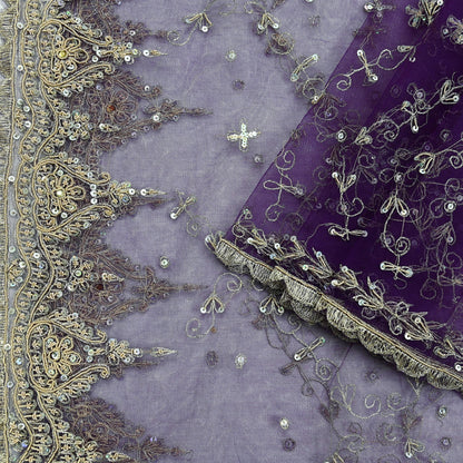 Indian Vintage Purple Dupatta Net Mesh Long Stole Hand Embroidered Scarves Golden Zardozi Zari Sequins Wedding/ Bridal Veil Hijab