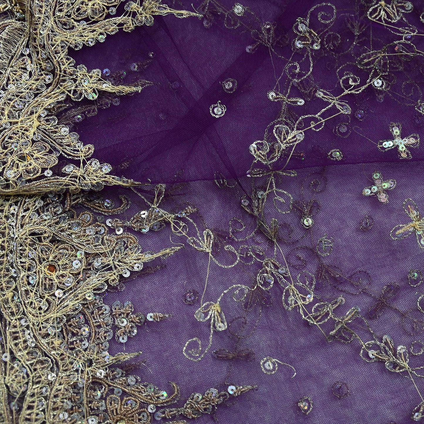 Indian Vintage Purple Dupatta Net Mesh Long Stole Hand Embroidered Scarves Golden Zardozi Zari Sequins Wedding/ Bridal Veil Hijab