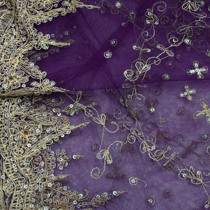 Indian Vintage Purple Dupatta Net Mesh Long Stole Hand Embroidered Scarves Golden Zardozi Zari Sequins Wedding/ Bridal Veil Hijab