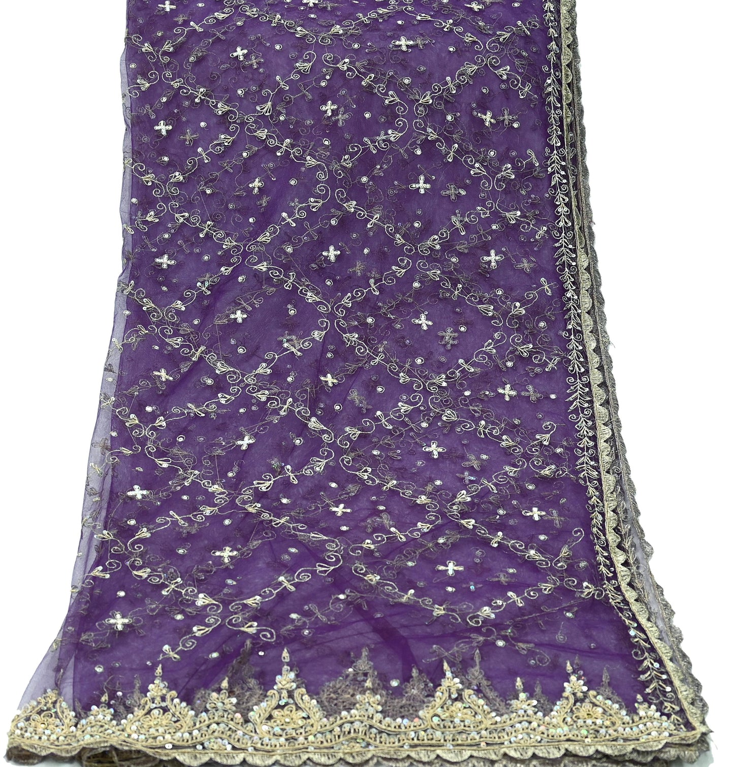 Indian Vintage Purple Dupatta Net Mesh Long Stole Hand Embroidered Scarves Golden Zardozi Zari Sequins Wedding/ Bridal Veil Hijab