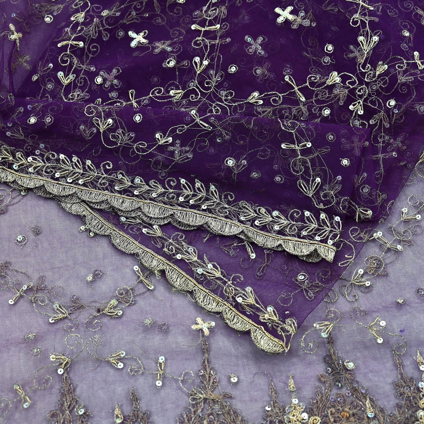 Indian Vintage Purple Dupatta Net Mesh Long Stole Hand Embroidered Scarves Golden Zardozi Zari Sequins Wedding/ Bridal Veil Hijab