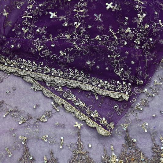 Indian Vintage Purple Dupatta Net Mesh Long Stole Hand Embroidered Scarves Golden Zardozi Zari Sequins Wedding/ Bridal Veil Hijab