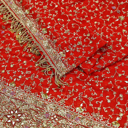 Indian Vintage Heavy Bridal Tomato Red Dupatta Pure Georgette Silk Long Stole Hand Embroidered Scarf Zardozi/Dabka Wedding red Hijab veil
