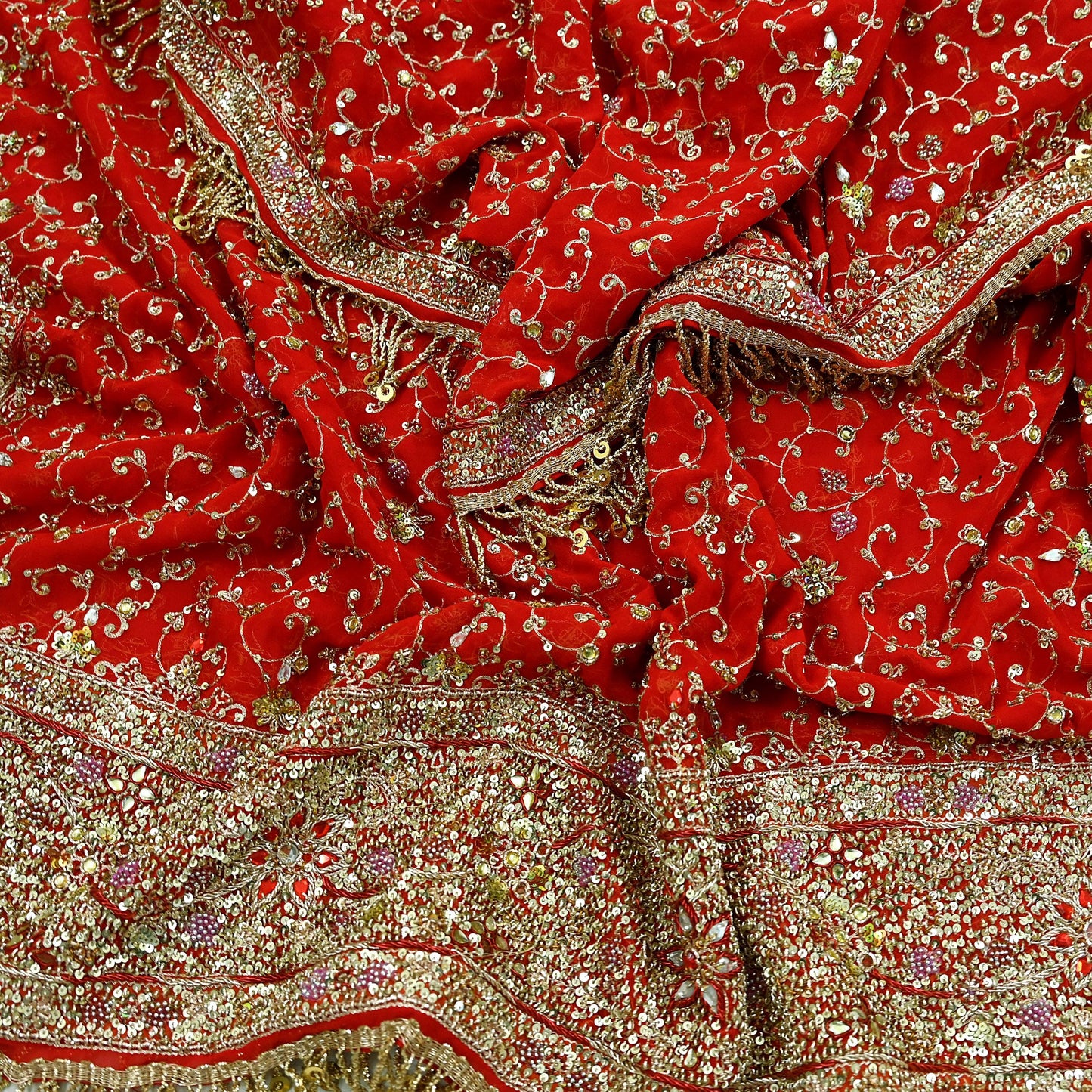 Indian Vintage Heavy Bridal Tomato Red Dupatta Pure Georgette Silk Long Stole Hand Embroidered Scarf Zardozi/Dabka Wedding red Hijab veil