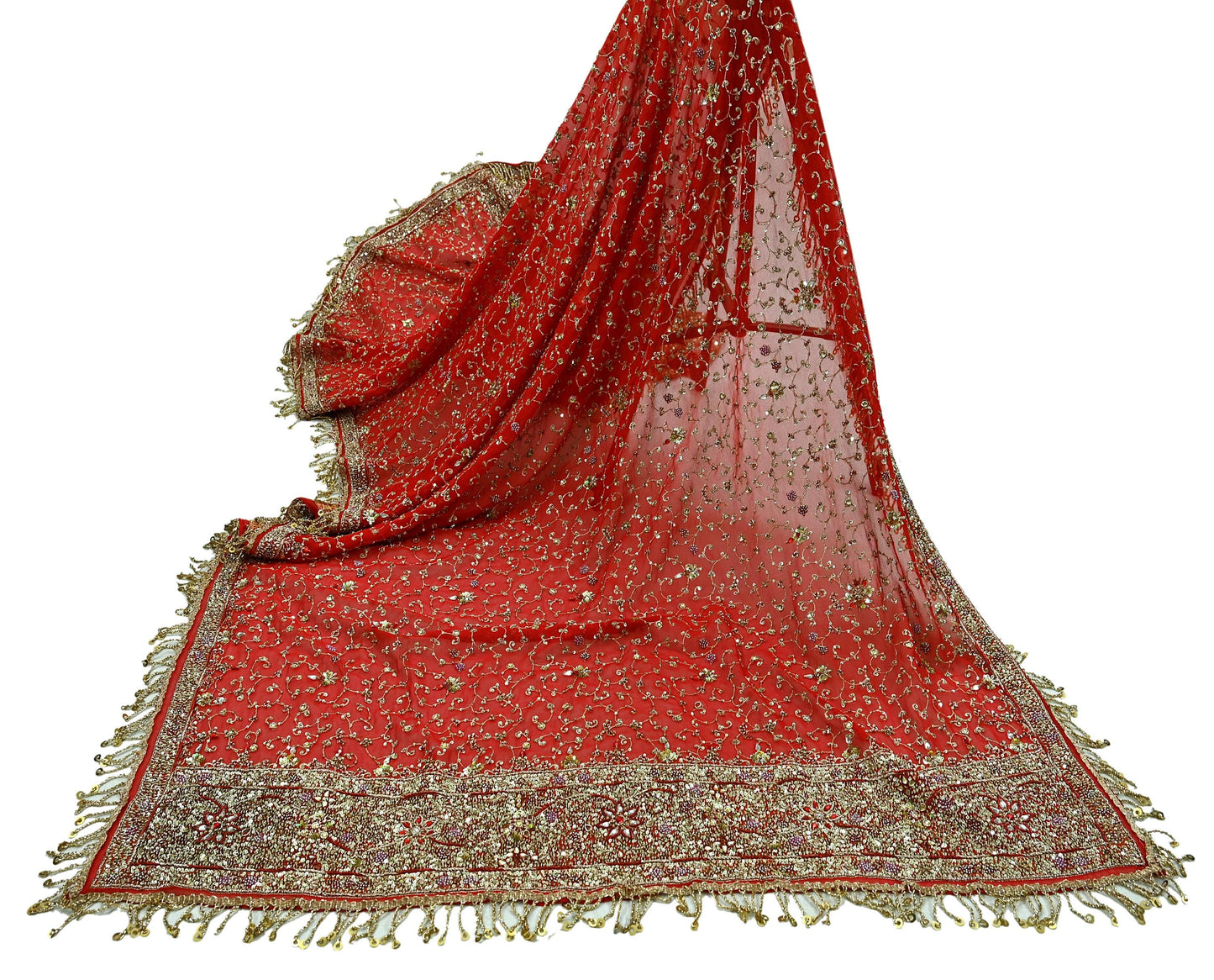Indian Vintage Heavy Bridal Tomato Red Dupatta Pure Georgette Silk Long Stole Hand Embroidered Scarf Zardozi/Dabka Wedding red Hijab veil