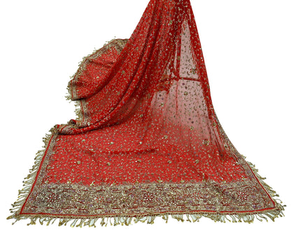 Indian Vintage Heavy Bridal Tomato Red Dupatta Pure Georgette Silk Long Stole Hand Embroidered Scarf Zardozi/Dabka Wedding red Hijab veil
