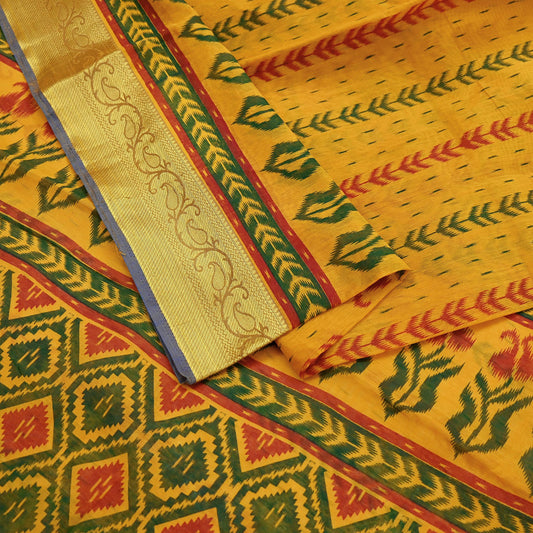 Indian Vintage Sari Saffron Printed Cotton Saree Craft Fabric 5Yd Sewing Sarong Wrap Boho Floral Dress making Crafting