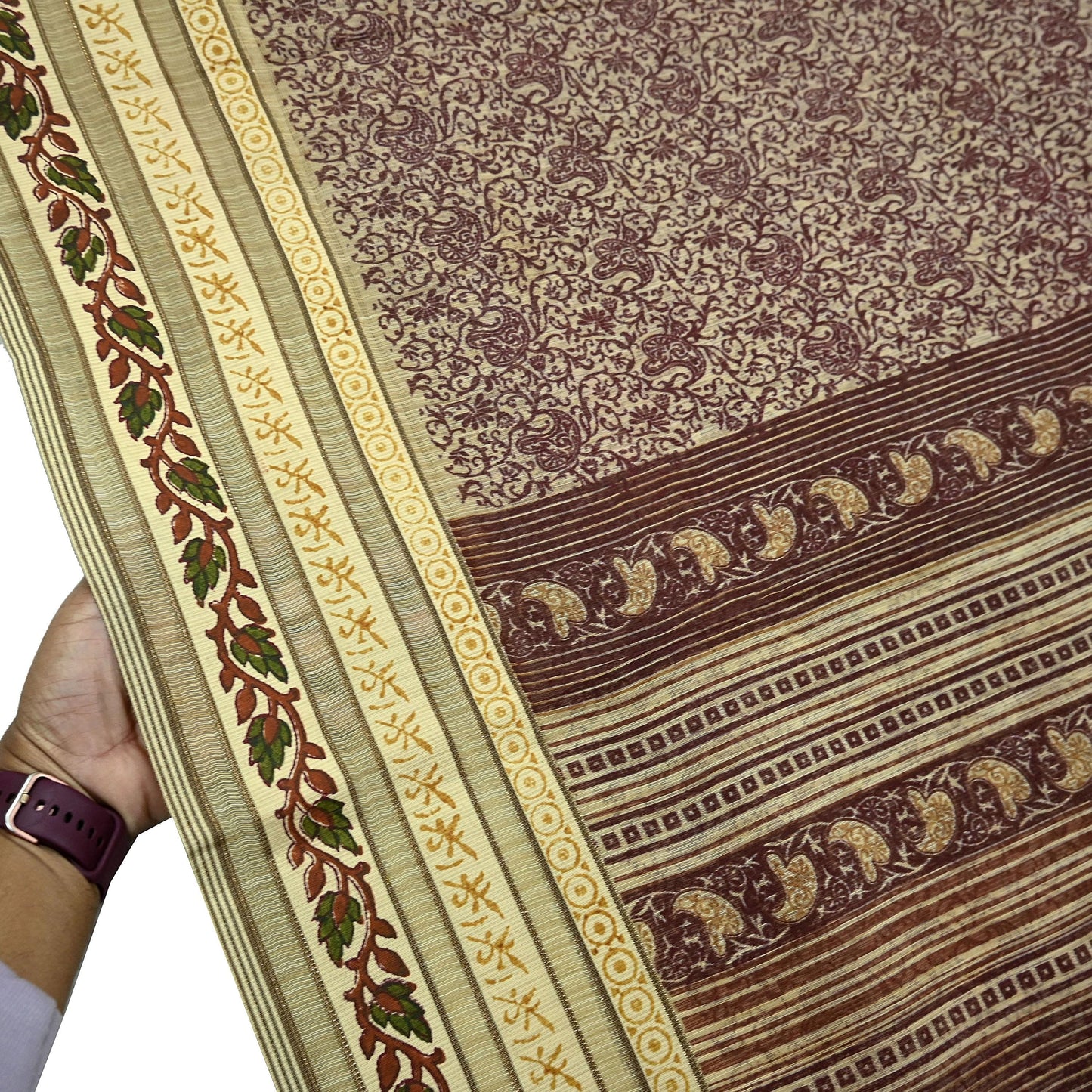 Vintage Sari Beige Pure Silk Printed Saree Fabric 5yard Sewing Soft Dress Designing for Crafting Quilting Upcycle Soft Border