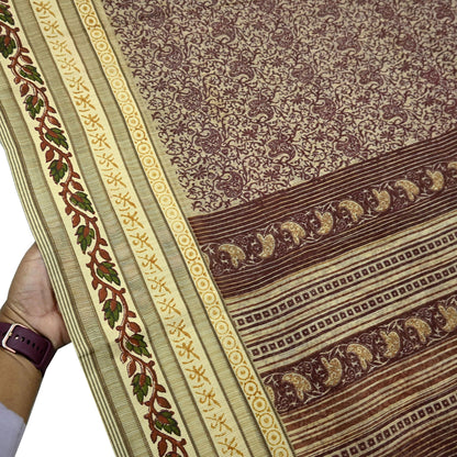 Vintage Sari Beige Pure Silk Printed Saree Fabric 5yard Sewing Soft Dress Designing for Crafting Quilting Upcycle Soft Border