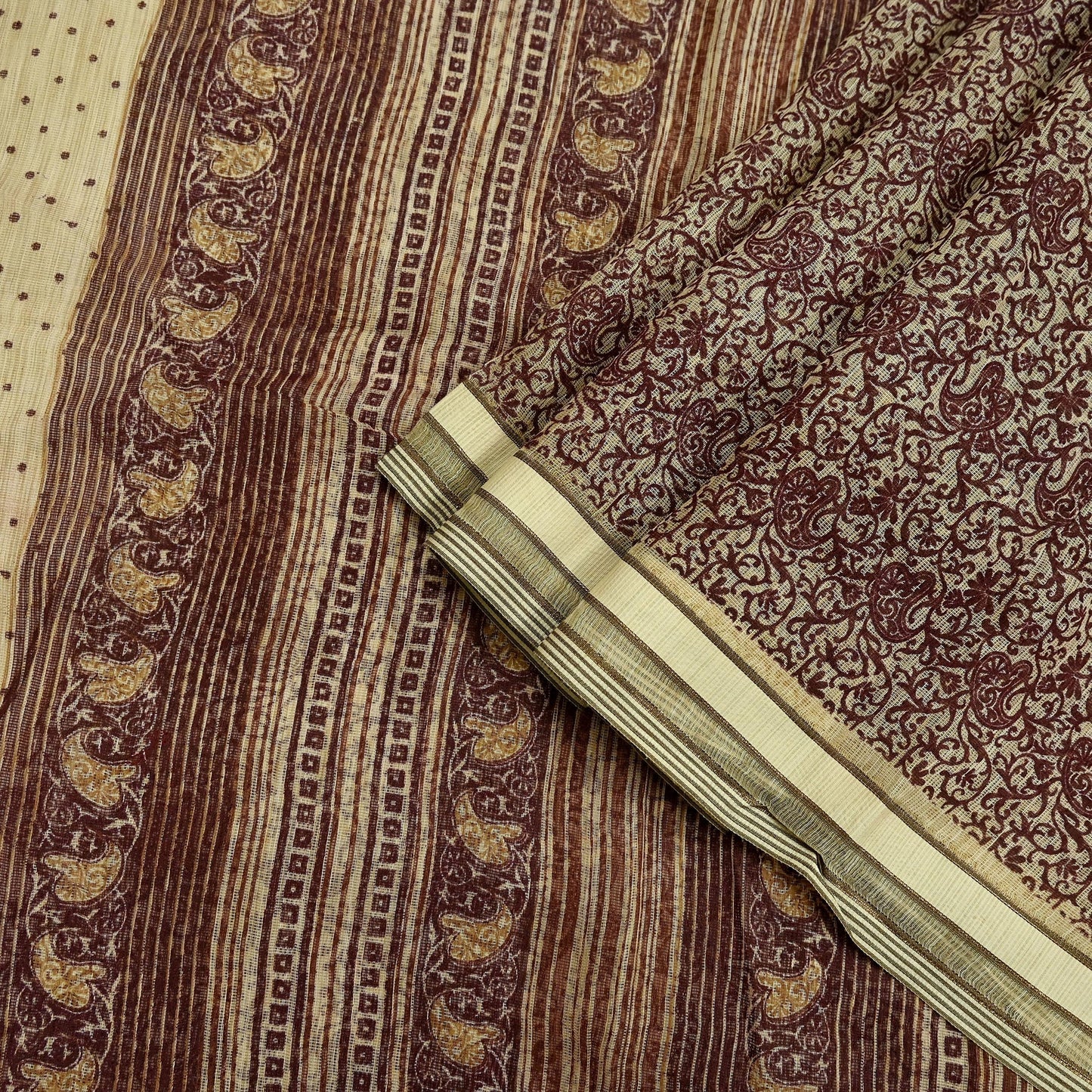 Vintage Sari Beige Pure Silk Printed Saree Fabric 5yard Sewing Soft Dress Designing for Crafting Quilting Upcycle Soft Border