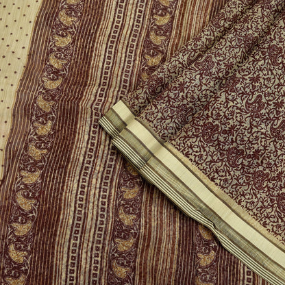 Vintage Sari Beige Pure Silk Printed Saree Fabric 5yard Sewing Soft Dress Designing for Crafting Quilting Upcycle Soft Border