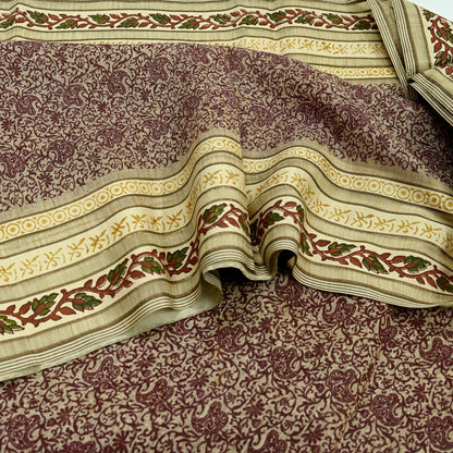 Vintage Sari Beige Pure Silk Printed Saree Fabric 5yard Sewing Soft Dress Designing for Crafting Quilting Upcycle Soft Border