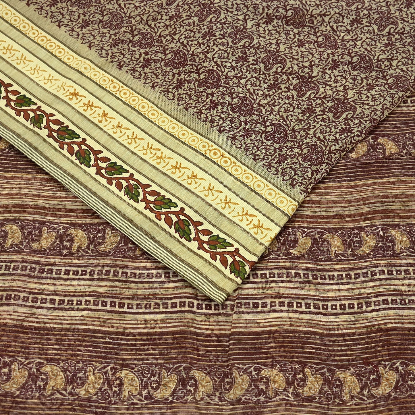 Vintage Sari Beige Pure Silk Printed Saree Fabric 5yard Sewing Soft Dress Designing for Crafting Quilting Upcycle Soft Border