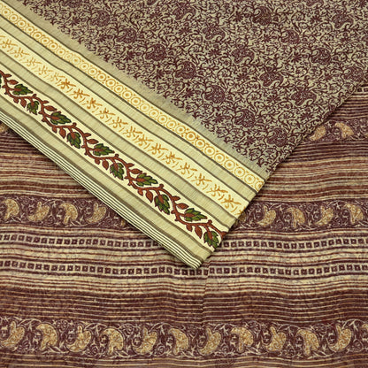 Vintage Sari Beige Pure Silk Printed Saree Fabric 5yard Sewing Soft Dress Designing for Crafting Quilting Upcycle Soft Border