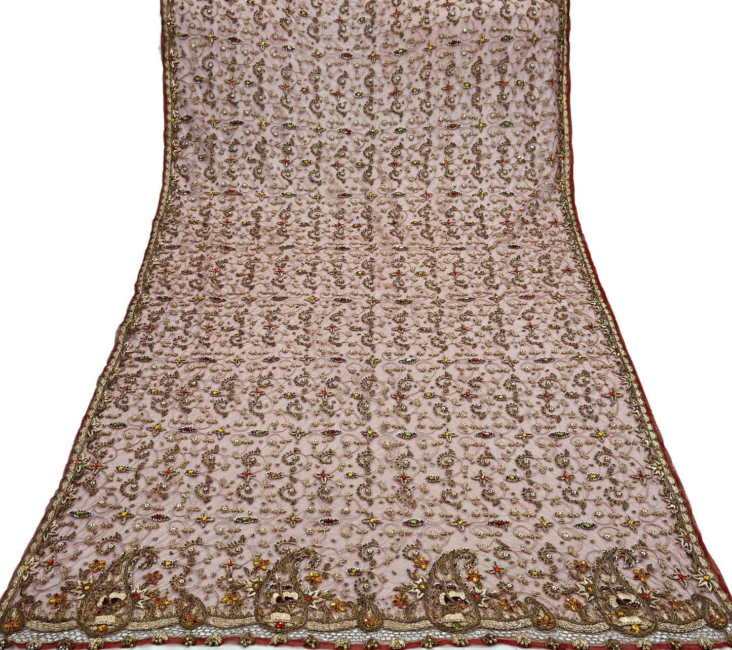 Indian Vintage Heavy Wedding Maroon Dupatta Net Mesh Long Stole Hand Embroidered Scarves Golden Zardozi Zari Sequins Dridal Veil Hijab