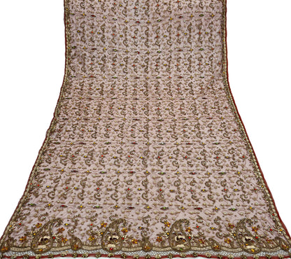 Indian Vintage Heavy Wedding Maroon Dupatta Net Mesh Long Stole Hand Embroidered Scarves Golden Zardozi Zari Sequins Dridal Veil Hijab