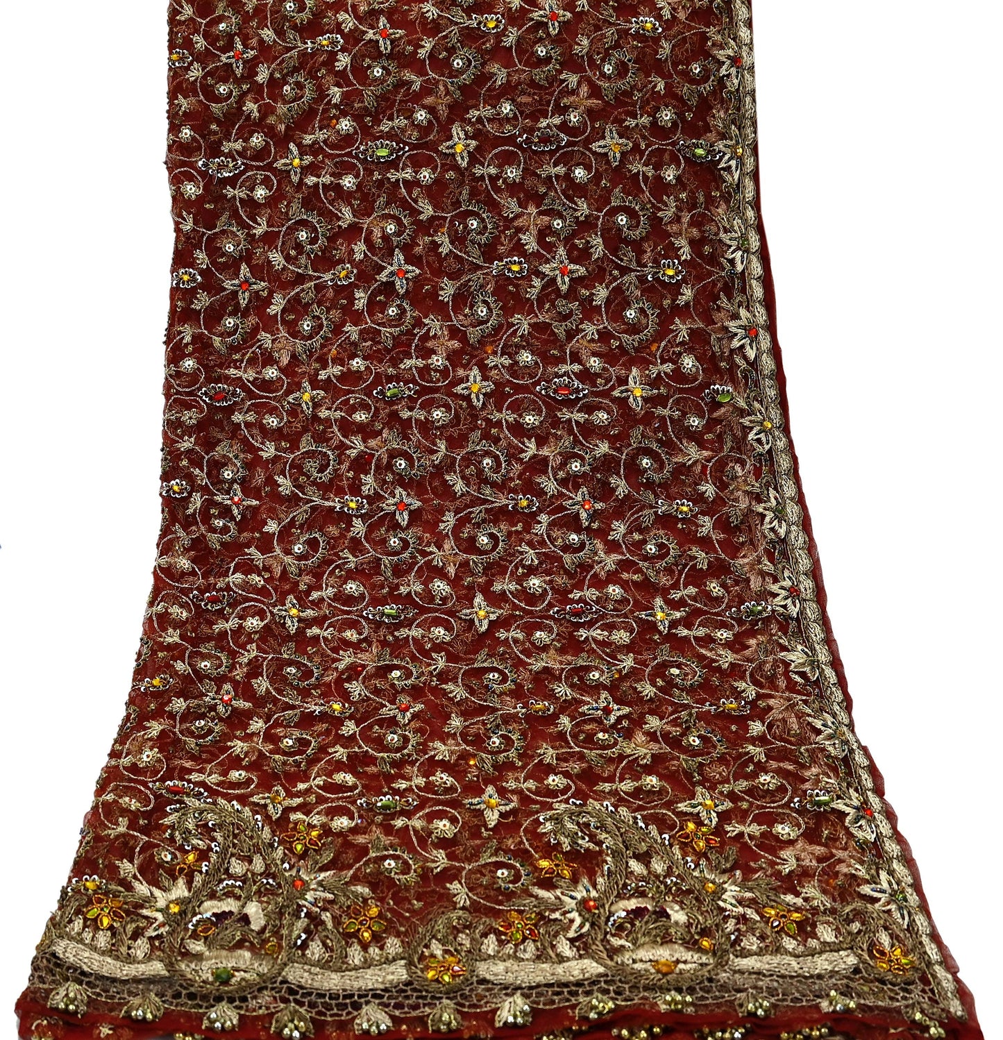 Indian Vintage Heavy Wedding Maroon Dupatta Net Mesh Long Stole Hand Embroidered Scarves Golden Zardozi Zari Sequins Dridal Veil Hijab