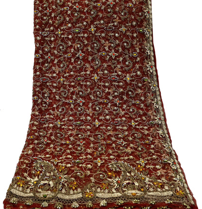 Indian Vintage Heavy Wedding Maroon Dupatta Net Mesh Long Stole Hand Embroidered Scarves Golden Zardozi Zari Sequins Dridal Veil Hijab