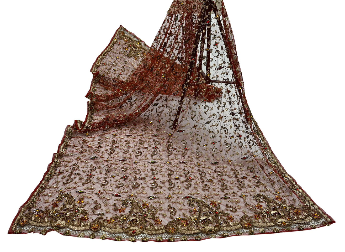 Indian Vintage Heavy Wedding Maroon Dupatta Net Mesh Long Stole Hand Embroidered Scarves Golden Zardozi Zari Sequins Dridal Veil Hijab