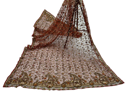 Indian Vintage Heavy Wedding Maroon Dupatta Net Mesh Long Stole Hand Embroidered Scarves Golden Zardozi Zari Sequins Dridal Veil Hijab