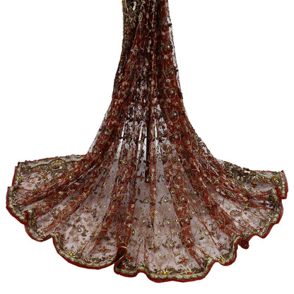 Indian Vintage Heavy Wedding Maroon Dupatta Net Mesh Long Stole Hand Embroidered Scarves Golden Zardozi Zari Sequins Dridal Veil Hijab