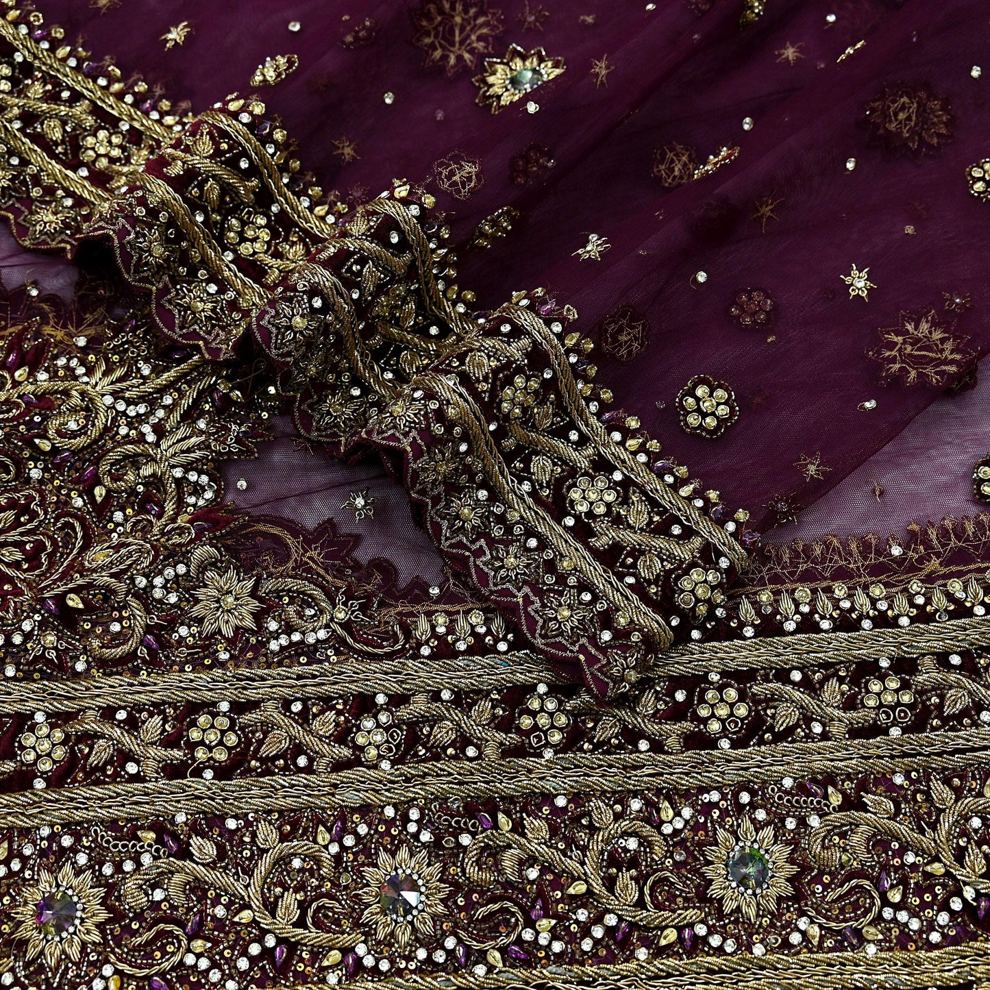 Indian Vintage Heavy Purple Dupatta Net Mesh Long Stole Hand Embroidered Scarves Golden Zardozi Dabka Zari Stole