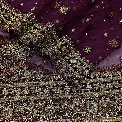 Indian Vintage Heavy Purple Dupatta Net Mesh Long Stole Hand Embroidered Scarves Golden Zardozi Dabka Zari Stole