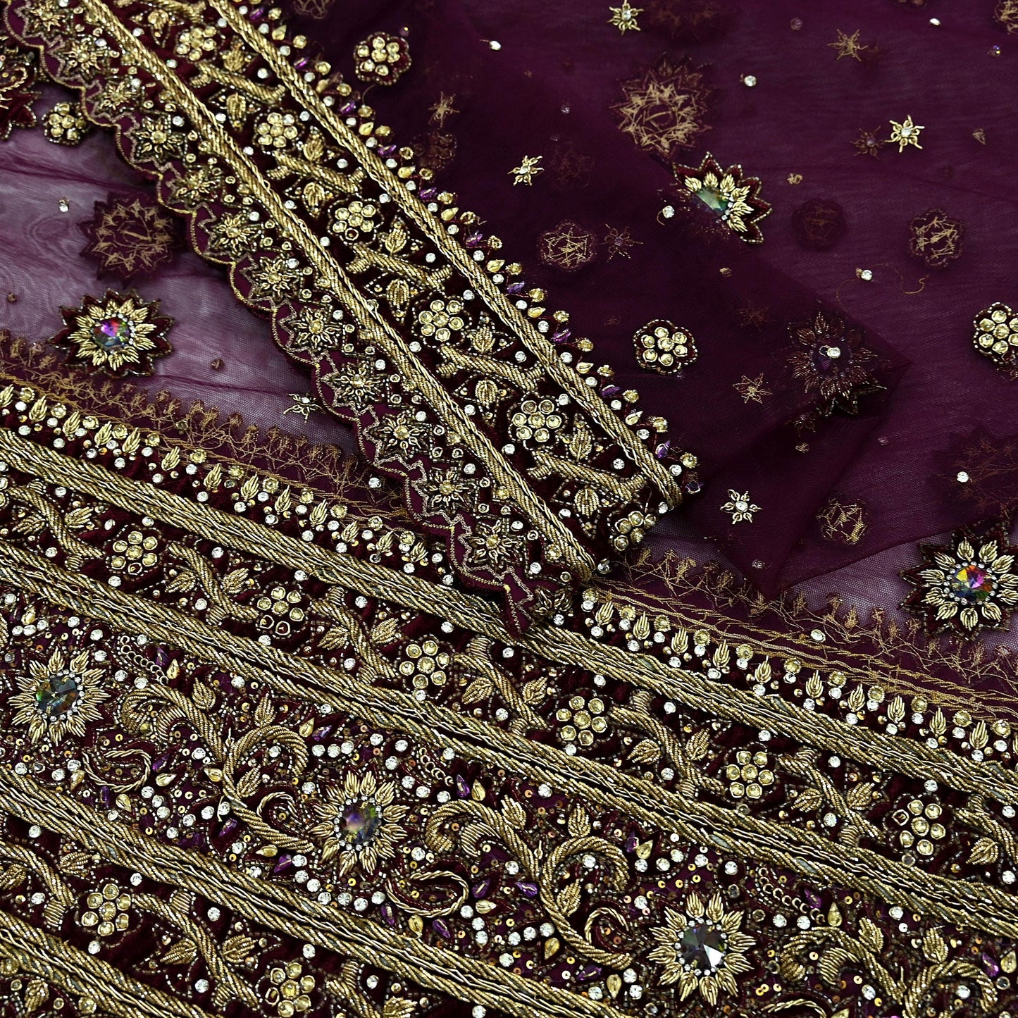 Indian Vintage Heavy Purple Dupatta Net Mesh Long Stole Hand Embroidered Scarves Golden Zardozi Dabka Zari Stole