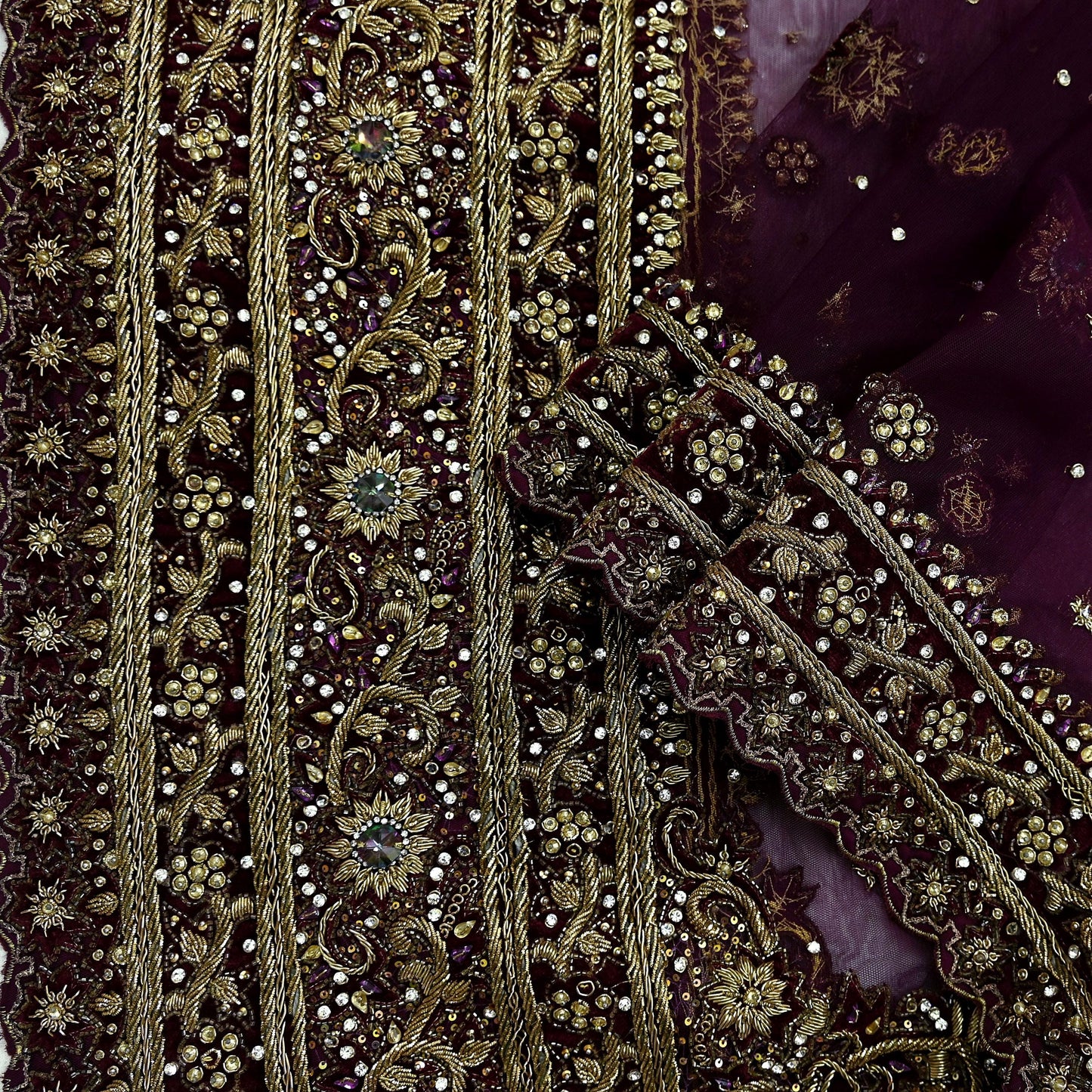 Indian Vintage Heavy Purple Dupatta Net Mesh Long Stole Hand Embroidered Scarves Golden Zardozi Dabka Zari Stole