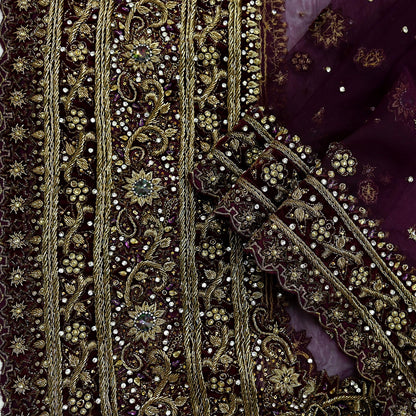 Indian Vintage Heavy Purple Dupatta Net Mesh Long Stole Hand Embroidered Scarves Golden Zardozi Dabka Zari Stole