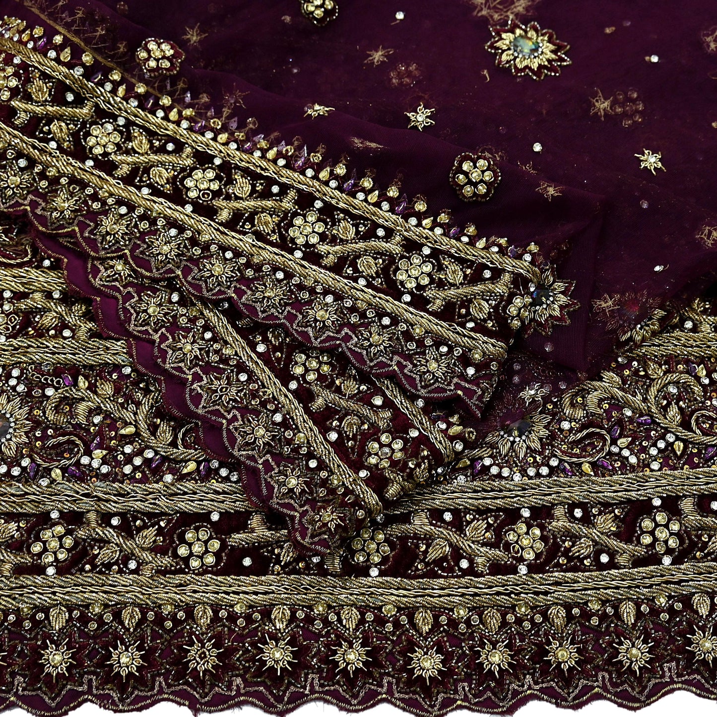 Indian Vintage Heavy Purple Dupatta Net Mesh Long Stole Hand Embroidered Scarves Golden Zardozi Dabka Zari Stole