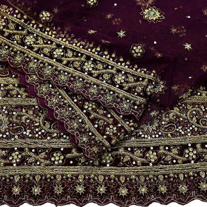 Indian Vintage Heavy Purple Dupatta Net Mesh Long Stole Hand Embroidered Scarves Golden Zardozi Dabka Zari Stole