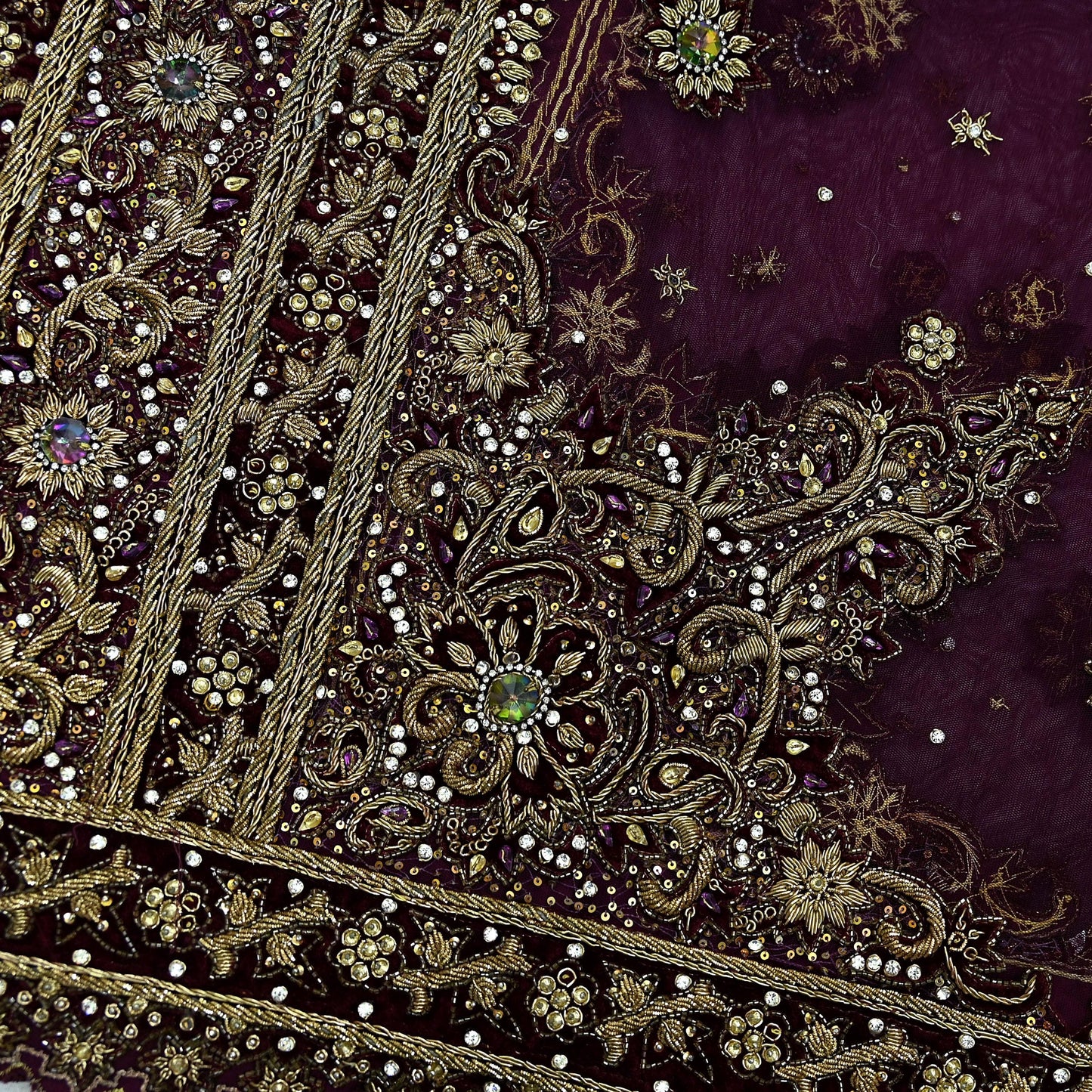 Indian Vintage Heavy Purple Dupatta Net Mesh Long Stole Hand Embroidered Scarves Golden Zardozi Dabka Zari Stole