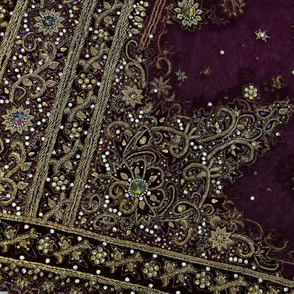 Indian Vintage Heavy Purple Dupatta Net Mesh Long Stole Hand Embroidered Scarves Golden Zardozi Dabka Zari Stole