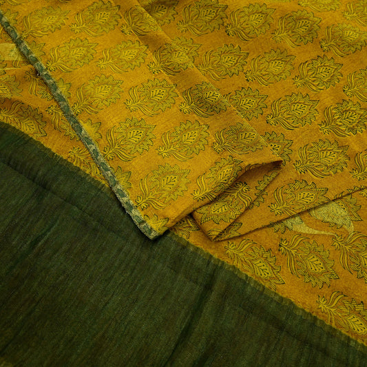 Women Vintage Sari Saffron & Green Pure Georgette Silk Printed Saree Craft Fabric Sewing 5Yard Soft Light Dress Making Floral Zari