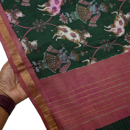 Indian Vintage Dupatta Green & Pink Long Stole Block Print Pure Chanderi Silk Scarves Veil Zari Wrap Hijab