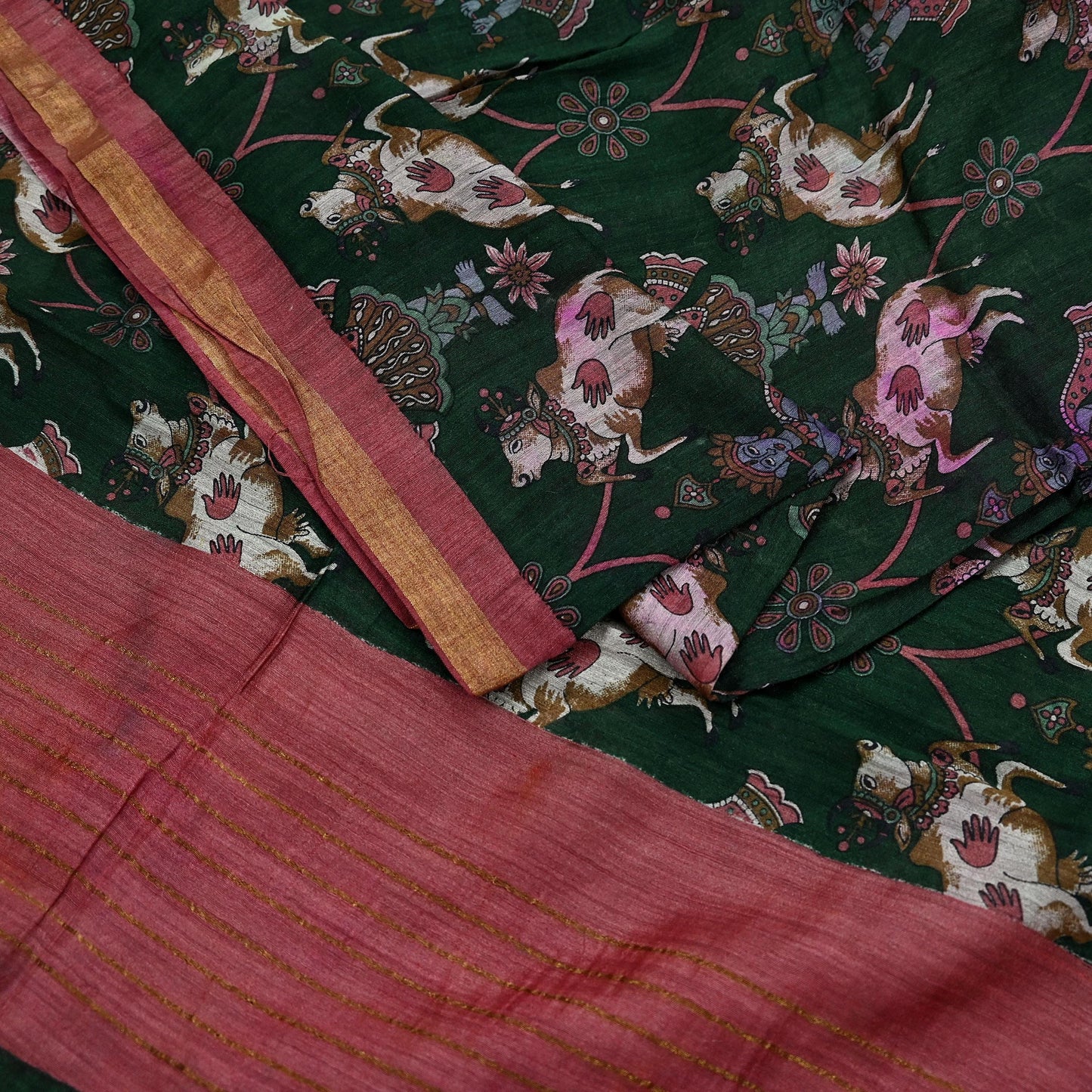 Indian Vintage Dupatta Green & Pink Long Stole Block Print Pure Chanderi Silk Scarves Veil Zari Wrap Hijab