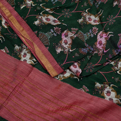 Indian Vintage Dupatta Green & Pink Long Stole Block Print Pure Chanderi Silk Scarves Veil Zari Wrap Hijab