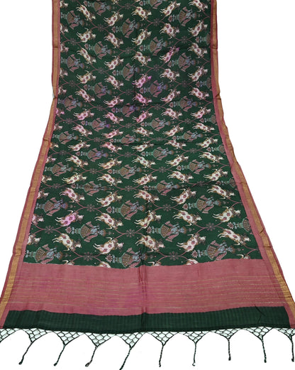 Indian Vintage Dupatta Green & Pink Long Stole Block Print Pure Chanderi Silk Scarves Veil Zari Wrap Hijab