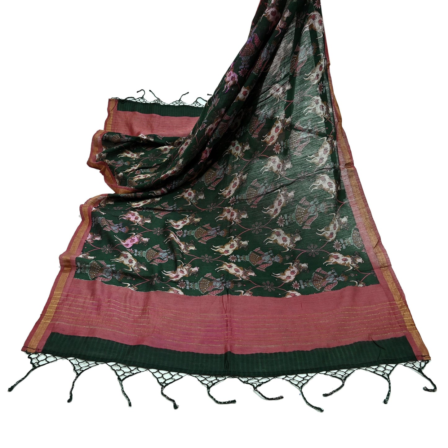 Indian Vintage Dupatta Green & Pink Long Stole Block Print Pure Chanderi Silk Scarves Veil Zari Wrap Hijab