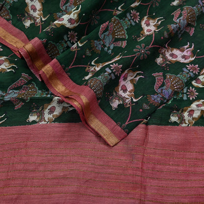 Indian Vintage Dupatta Green & Pink Long Stole Block Print Pure Chanderi Silk Scarves Veil Zari Wrap Hijab