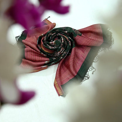 Indian Vintage Dupatta Green & Pink Long Stole Block Print Pure Chanderi Silk Scarves Veil Zari Wrap Hijab