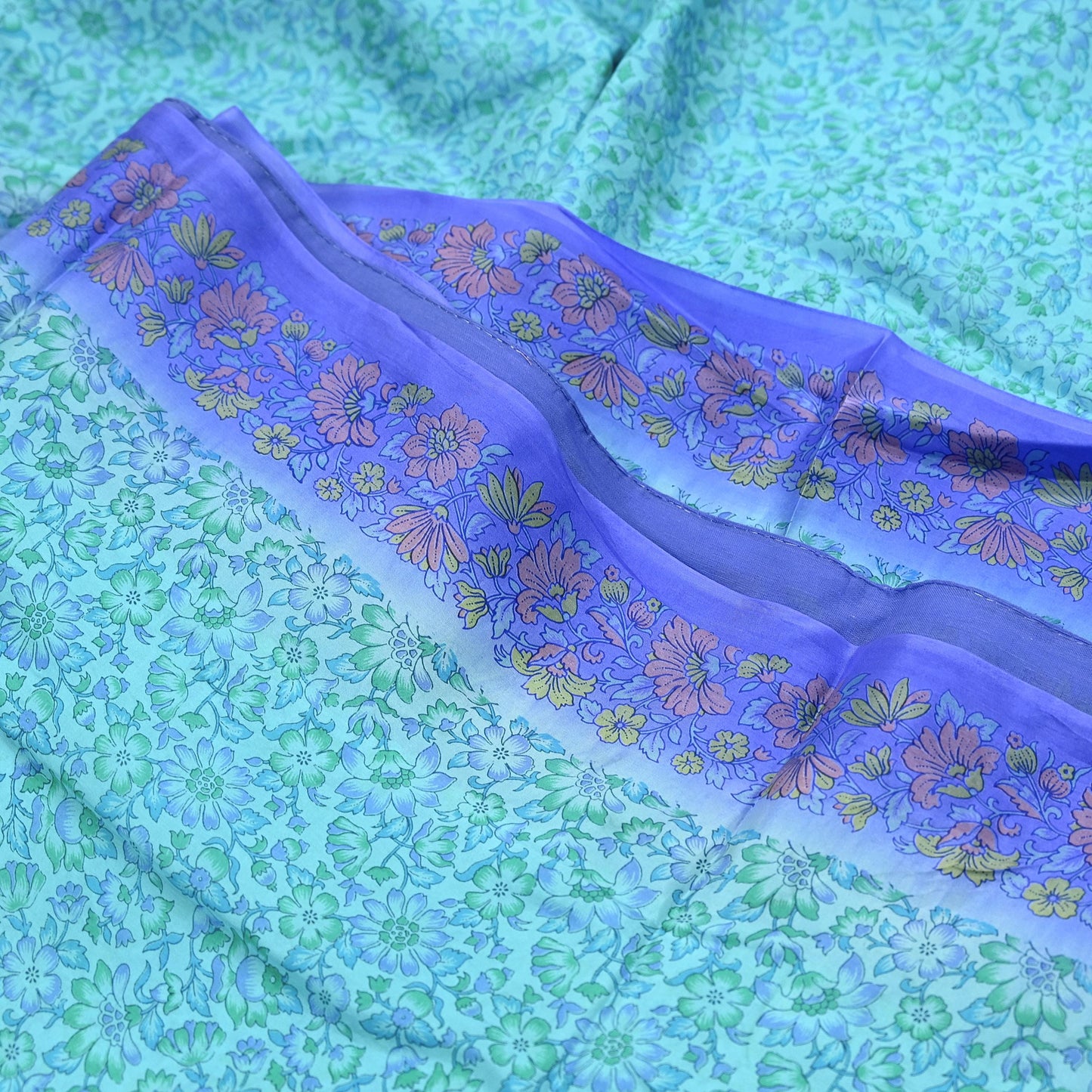 Indian Vintage Sari Green & Purple 100% Pure Silk Printed Sarees 5yd Craft Fabric Sewing Soft Dress Making Floral Quilting Crafting Upcycle